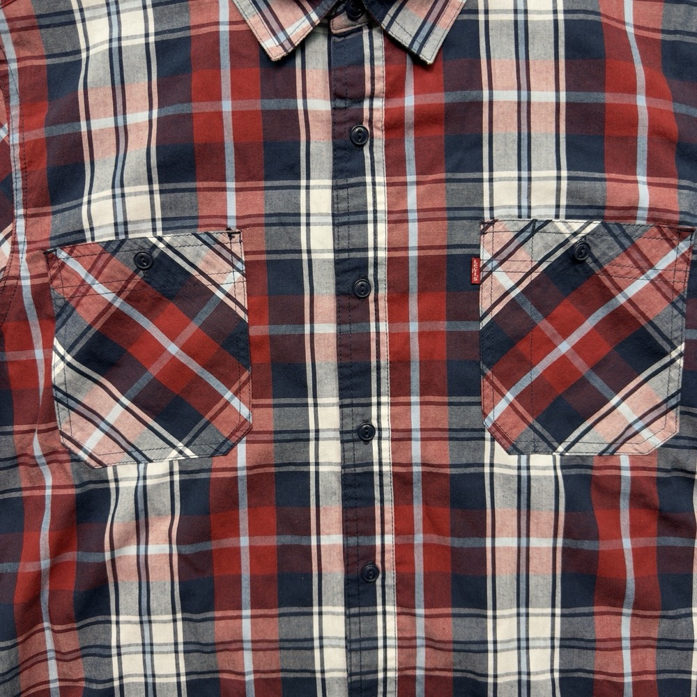 Levi's Mens Large Plaid Button Up Shirt Red Navy White Long Sleeve Red Tab - Picture 5 of 6